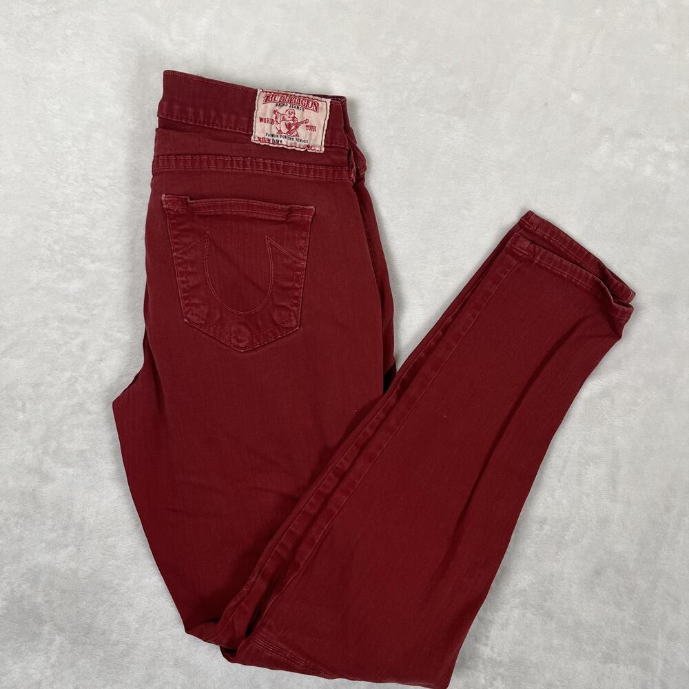True Religion Casey Skinny Cargo Jeans Womens 28 Red Zip Pocket Stretch Denim